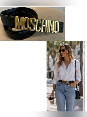 Moschino Genuine Leather Logo Belt Gold Buckle Black Size 44 Designer